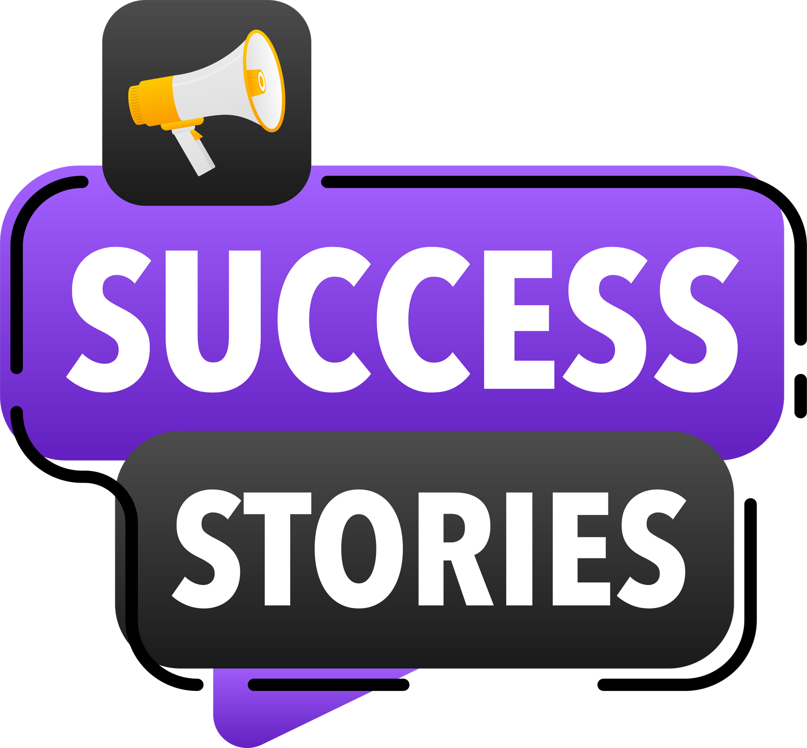 Success stories Announcement Megaphone Label. Loudspeaker speech bubble.